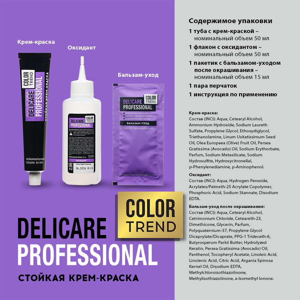 Стойкая крем - краска для волос Delicare Professional Color Trend 1.0 Глубокий черный. Фото 7.