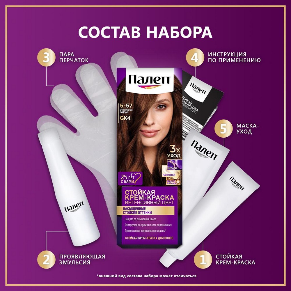 Стойкая крем - краска для волос Палетт Интенсивный цвет 5-57 GK4 Благородный каштан. Фото 7.