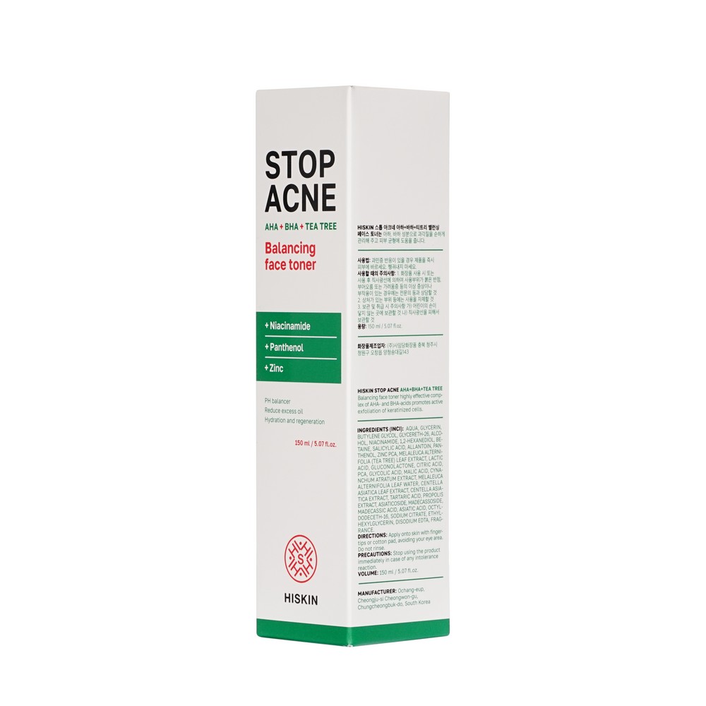 Балансирующий тонер для лица Hiskin Stop Acne AHA + BHA + Tea tree 150мл. Фото 3.