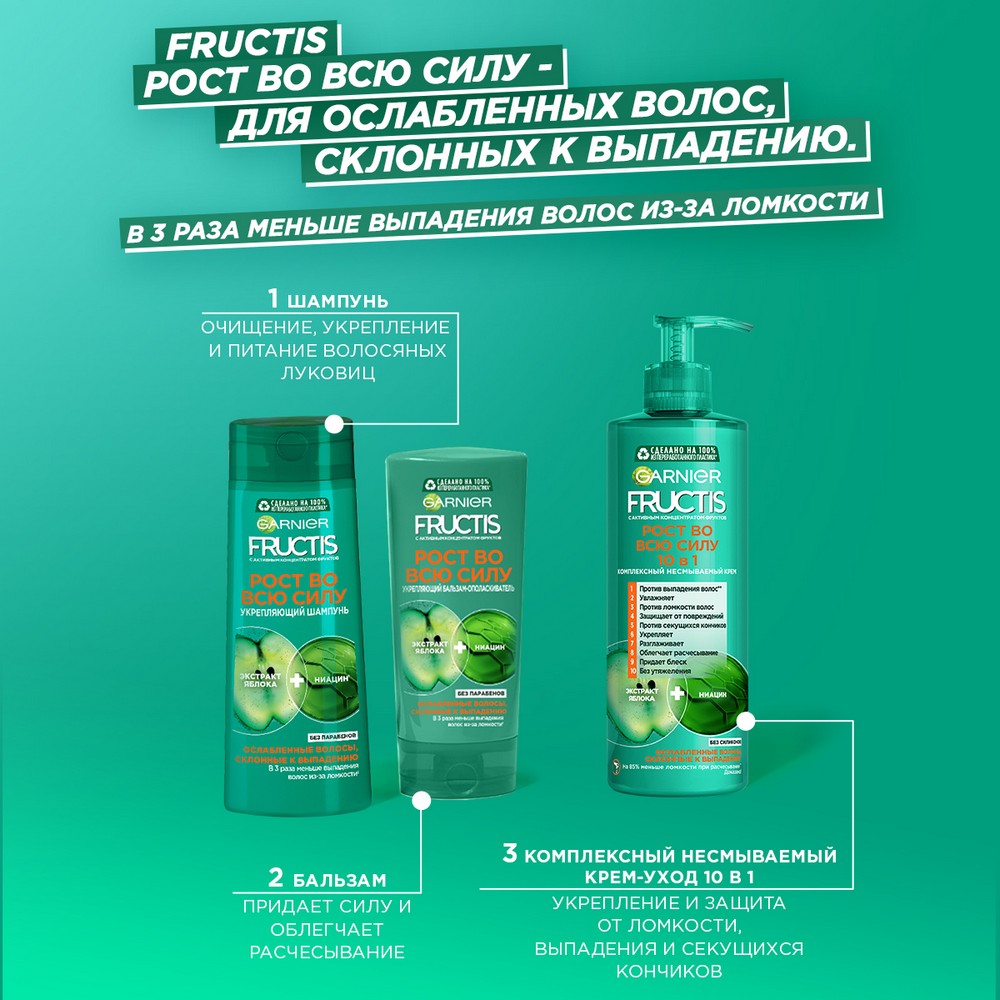 Укрепляющий шампунь Garnier Fructis Рост во всю силу для ослабленных волос , склонных к выпадению 400мл. Фото 10.