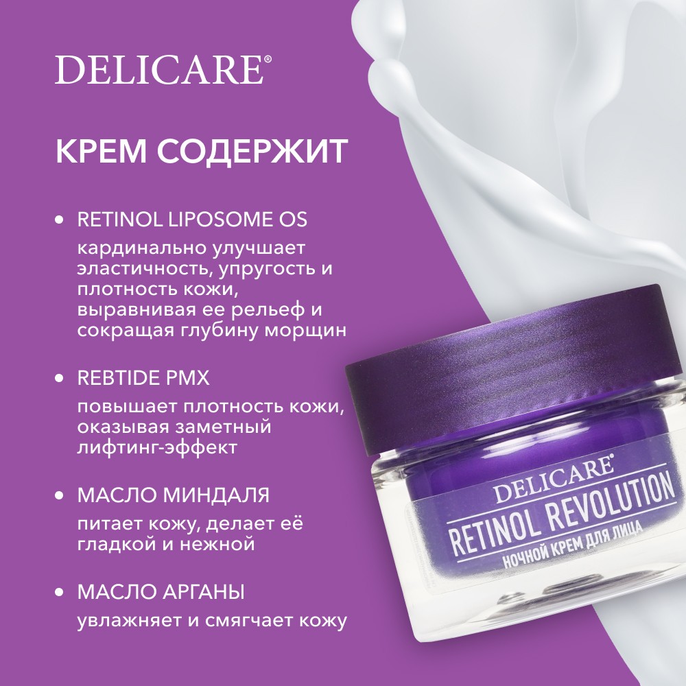 Ночной крем для лица Delicare Retinol Revolution 65+ 50мл. Фото 7.