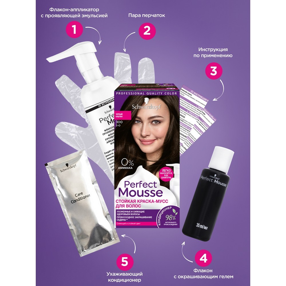 Краска - мусс Schwarzkopf PERFECT MOUSSE стойкая для волос 300 Черный Каштан. Фото 7.