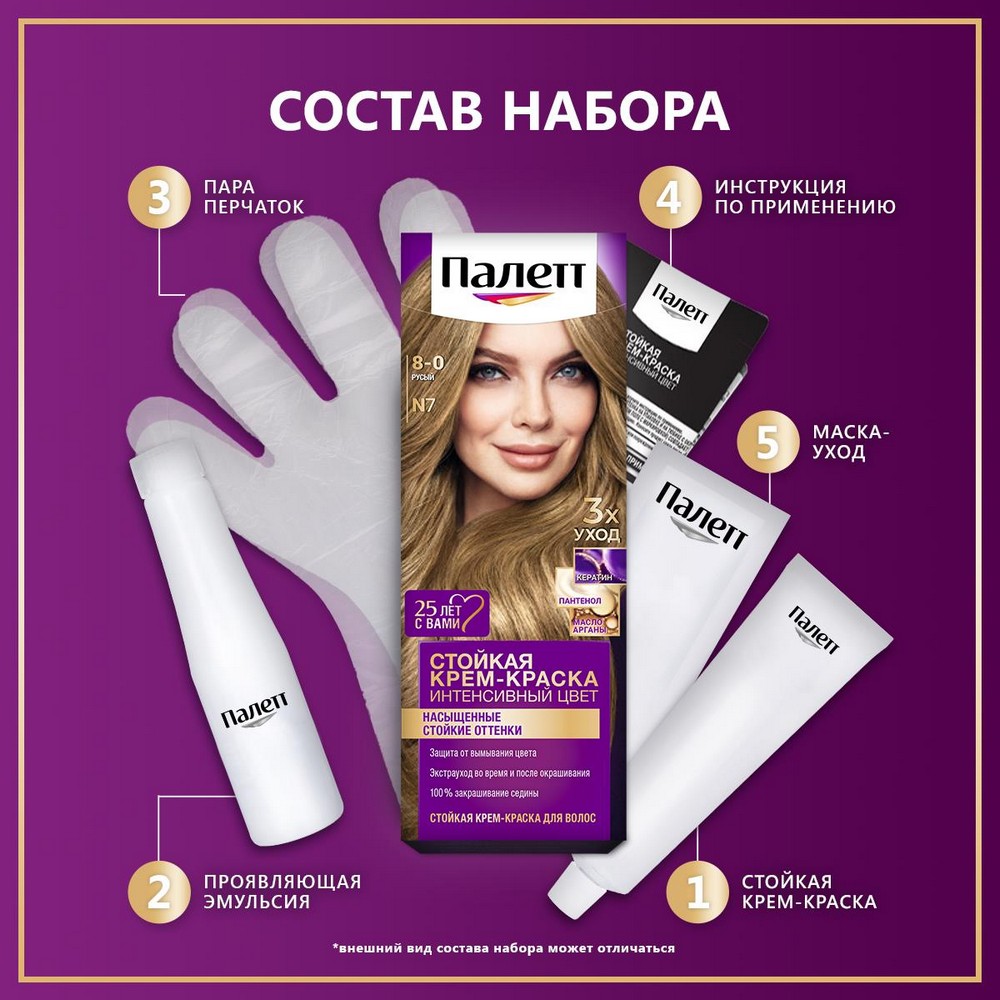Стойкая крем - краска для волос Палетт Интенсивный цвет N7 Русый 50мл. Фото 7.