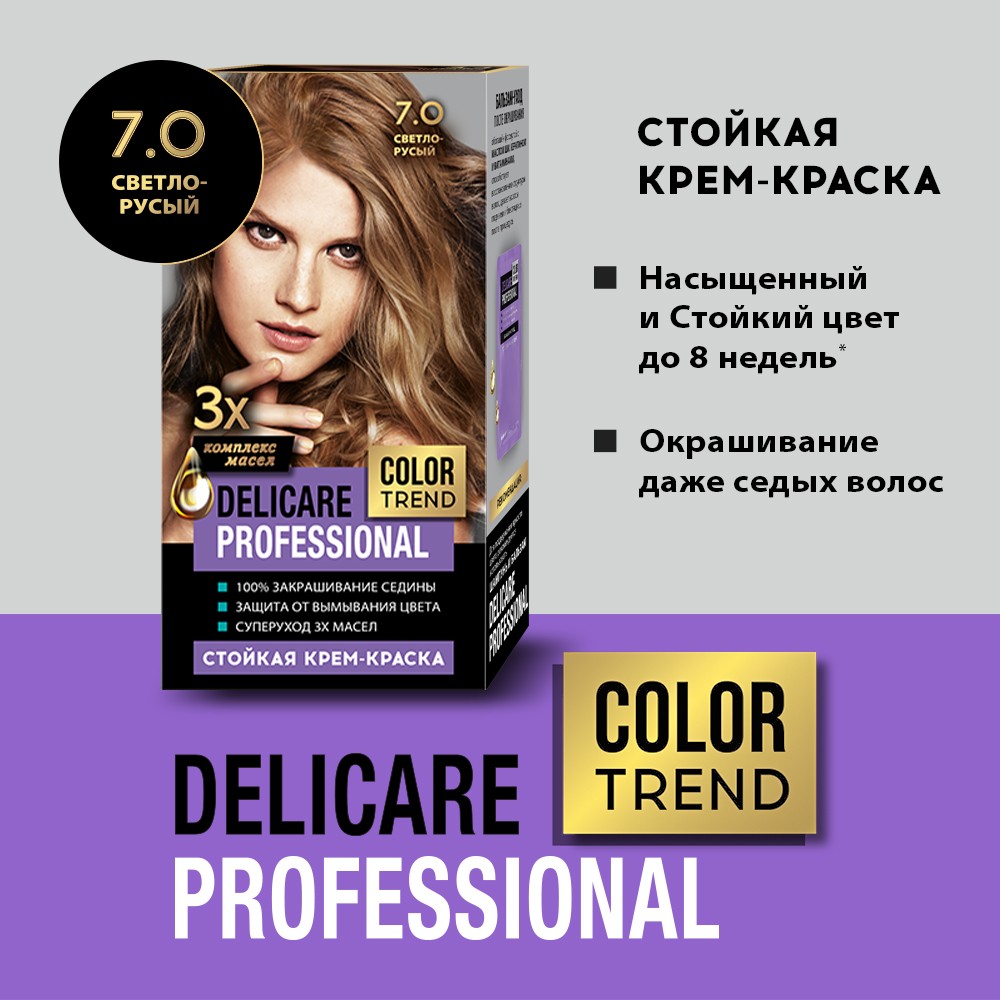 Стойкая крем - краска для волос Delicare Professional Color Trend 7.0 Светло-русый. Фото 5.