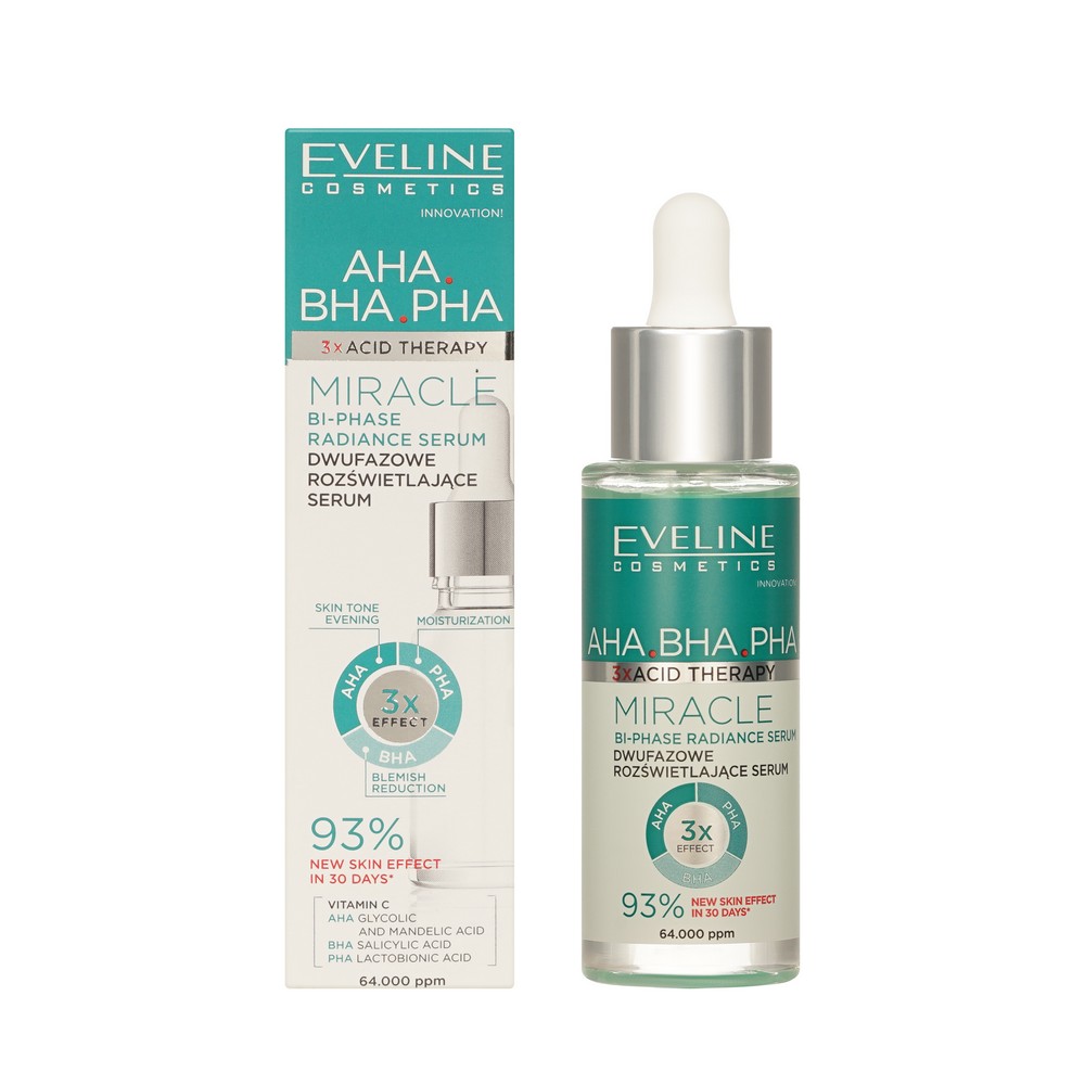 Двухфазная сыворотка выравнивающая тон кожи против несовершенств Eveline AHA.BHA.PHA. 30мл. Фото 1.