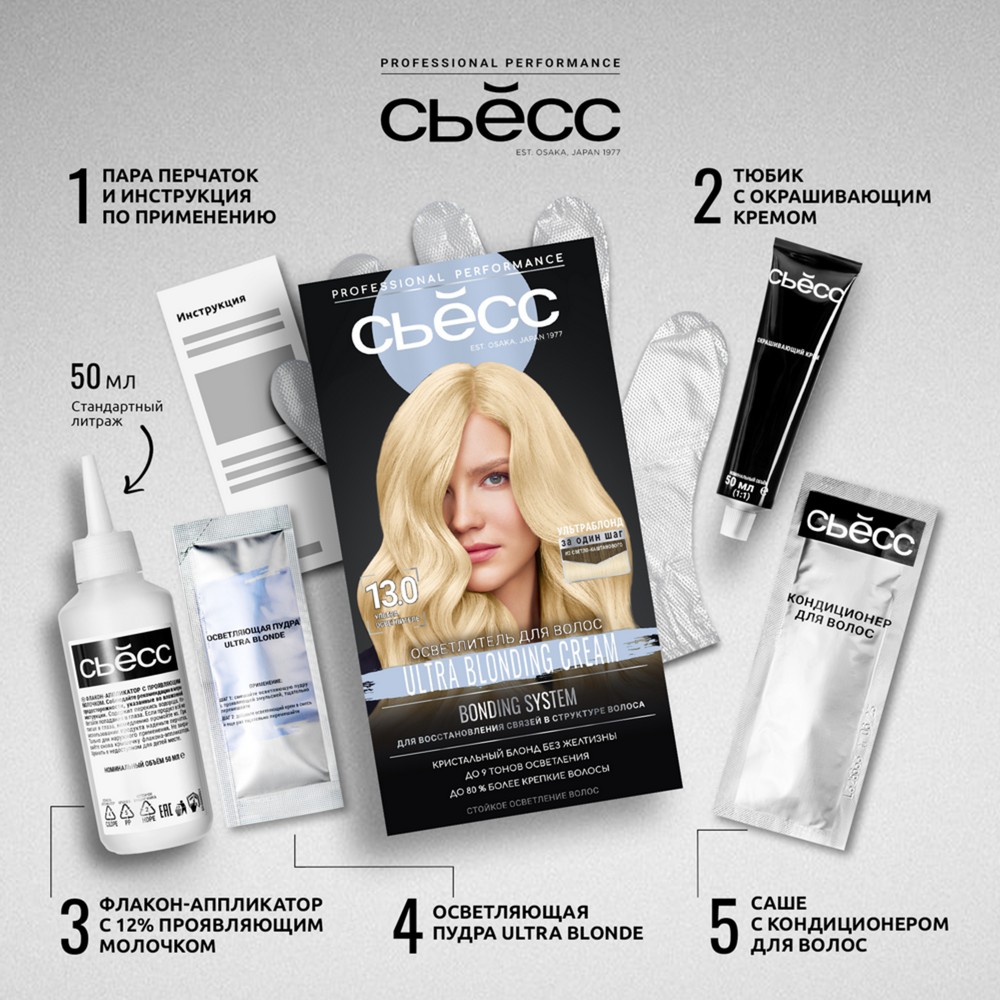 Осветлитель для волос Сьёсс 13-0 Ультра осветлитель 50мл. Фото 10.