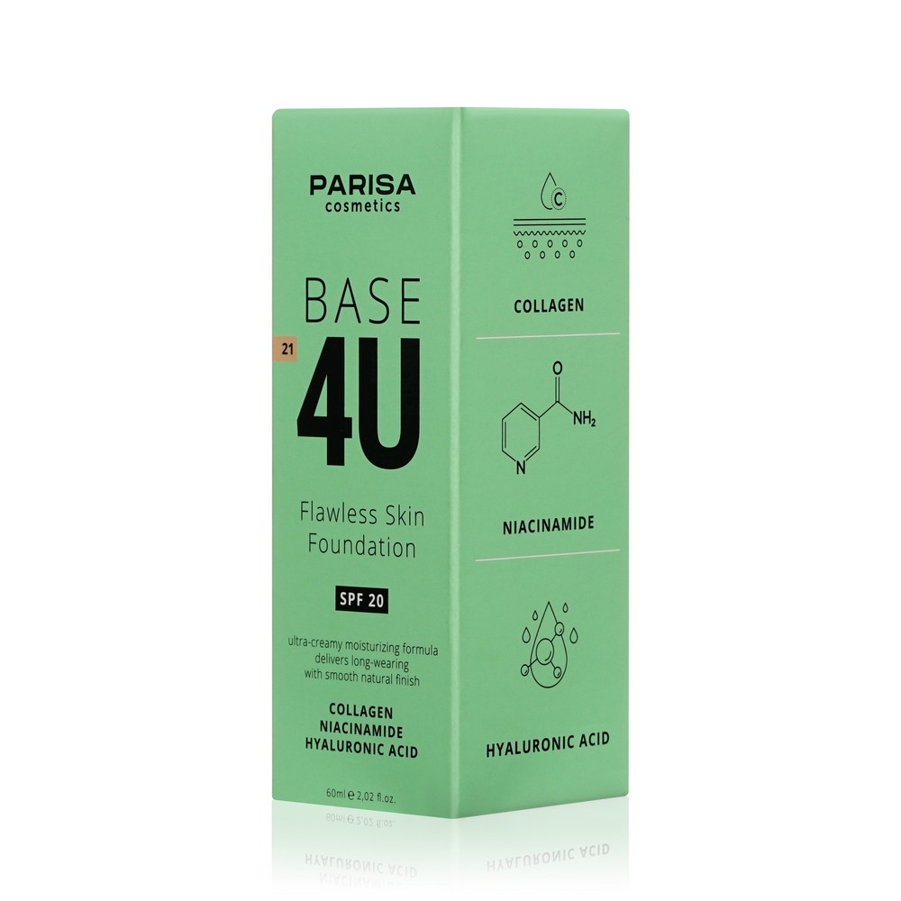 Тональный крем для лица Parisa Cosmetics Base 4U 21 Бежевый 60мл. Фото 3.