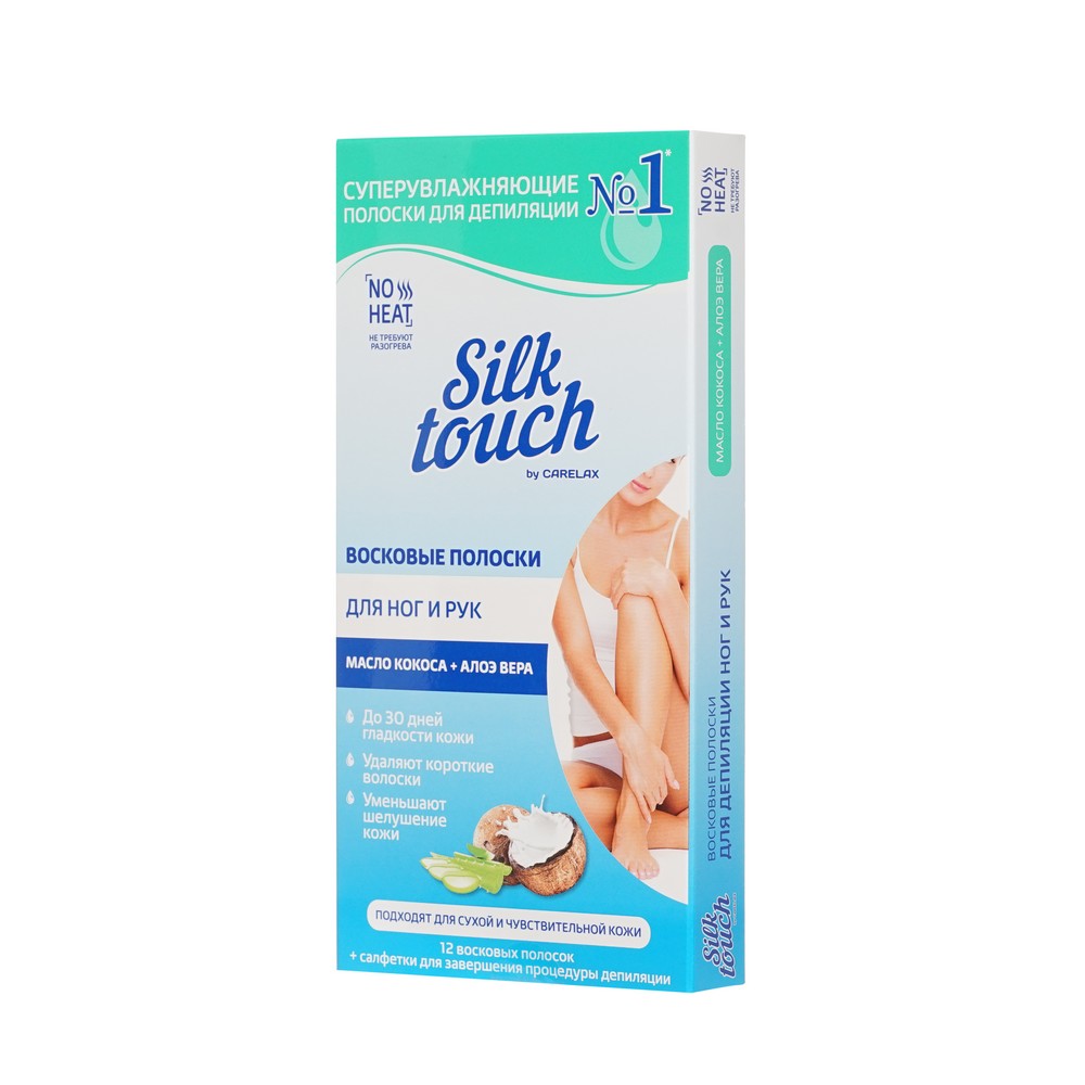 Восковые полоски для ног и рук Carelax Silk Touch с кокосовым маслом + алоэ вера 12шт. Фото 2.