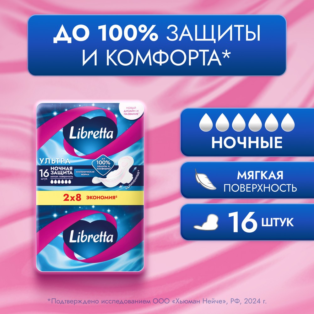 Женские ночные прокладки Libretta Ультра с мягкой поверхностью 16шт. Фото 4.