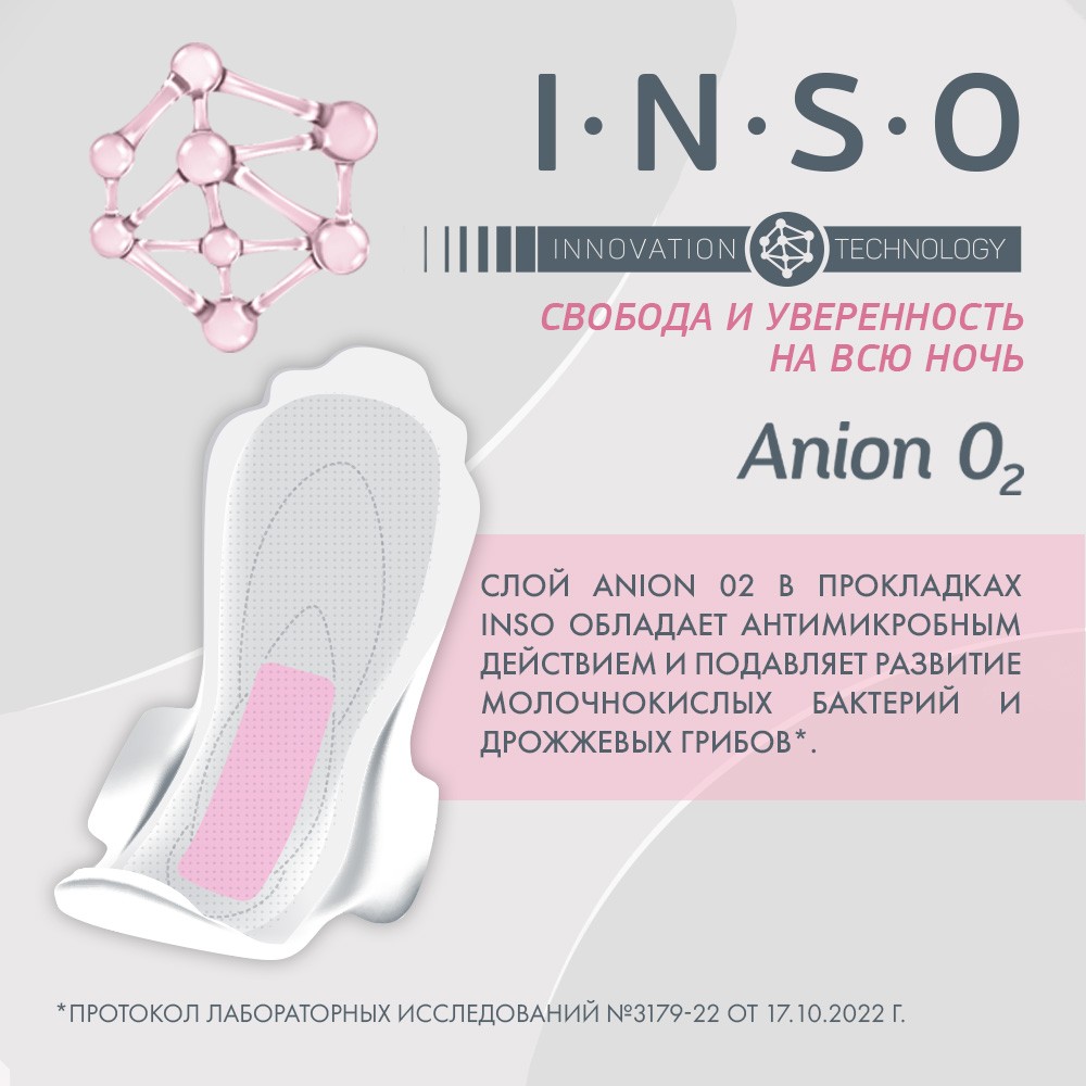 Женские прокладки INSO Anion O2 Night с анионовым слоем 7шт Вид№6