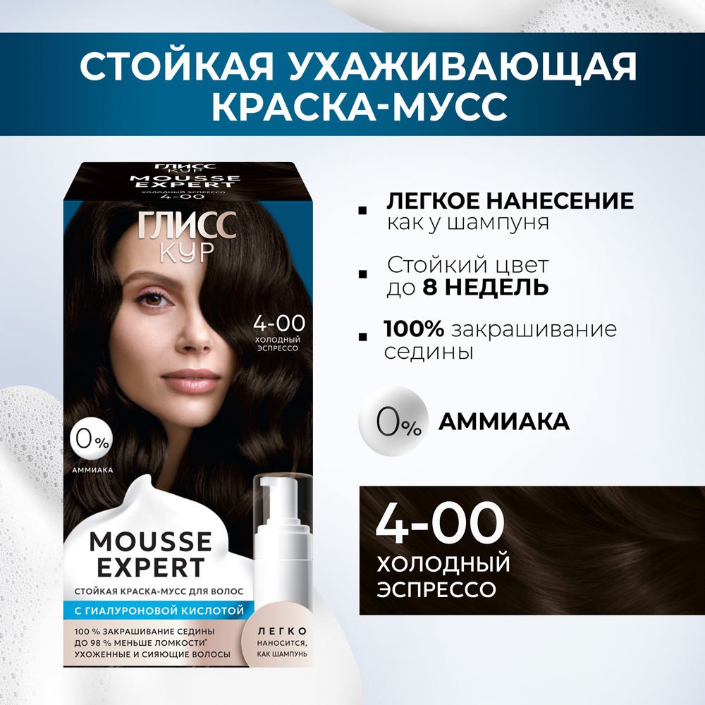 Стойкая краска - мусс для волос Глисс Кур Mousse Expert 4-00 Холодный эспрессо 85мл. Фото 5.