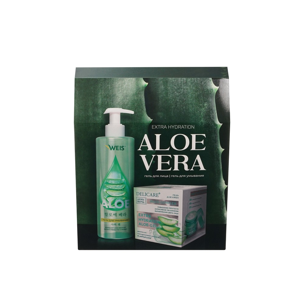 Женский подарочный набор Aloe Vera ( гель для умывания WEIS Aloe 190мл + увлажняющий гиалуроновый гель для лица Delicare 50мл ). Фото 5.