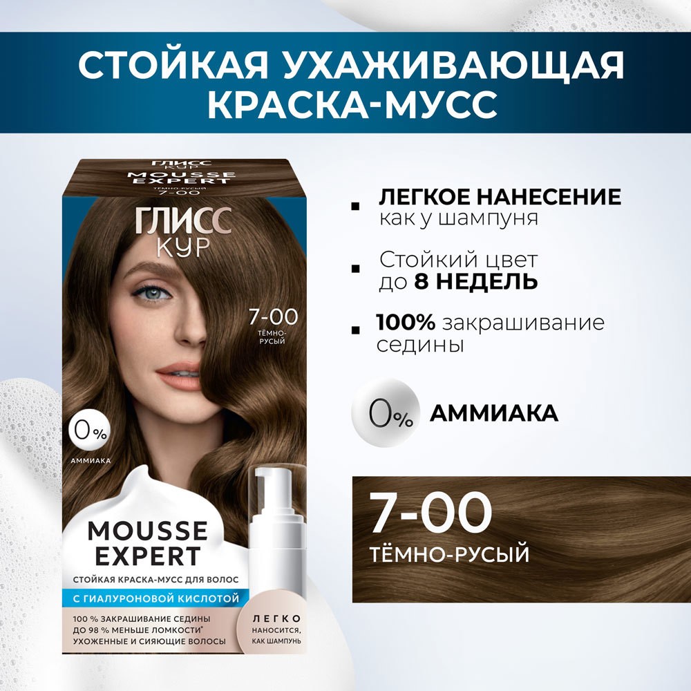Стойкая краска - мусс для волос Глисс Кур Mousse Expert 7-00 Темно-русый 85мл. Фото 5.