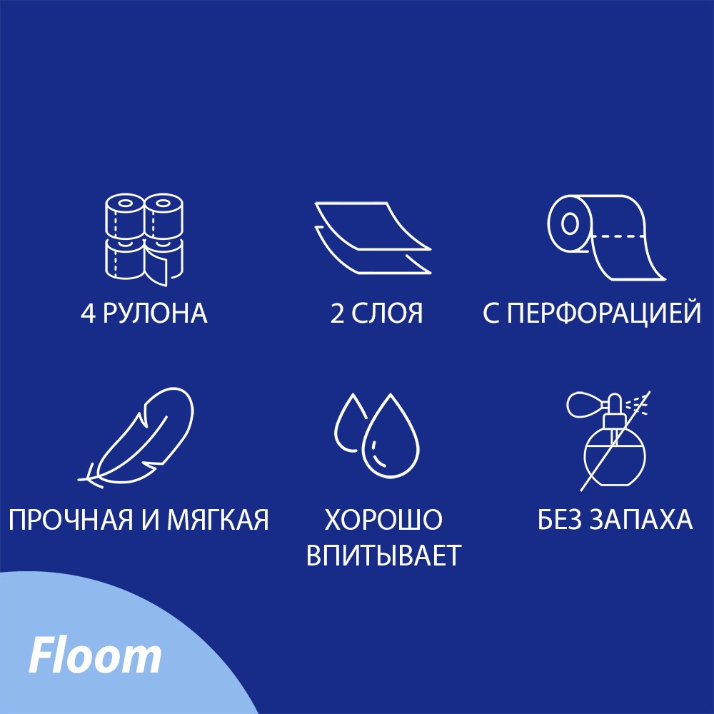 Туалетная бумага Floom 2х-слойная , белая 4шт Вид№4