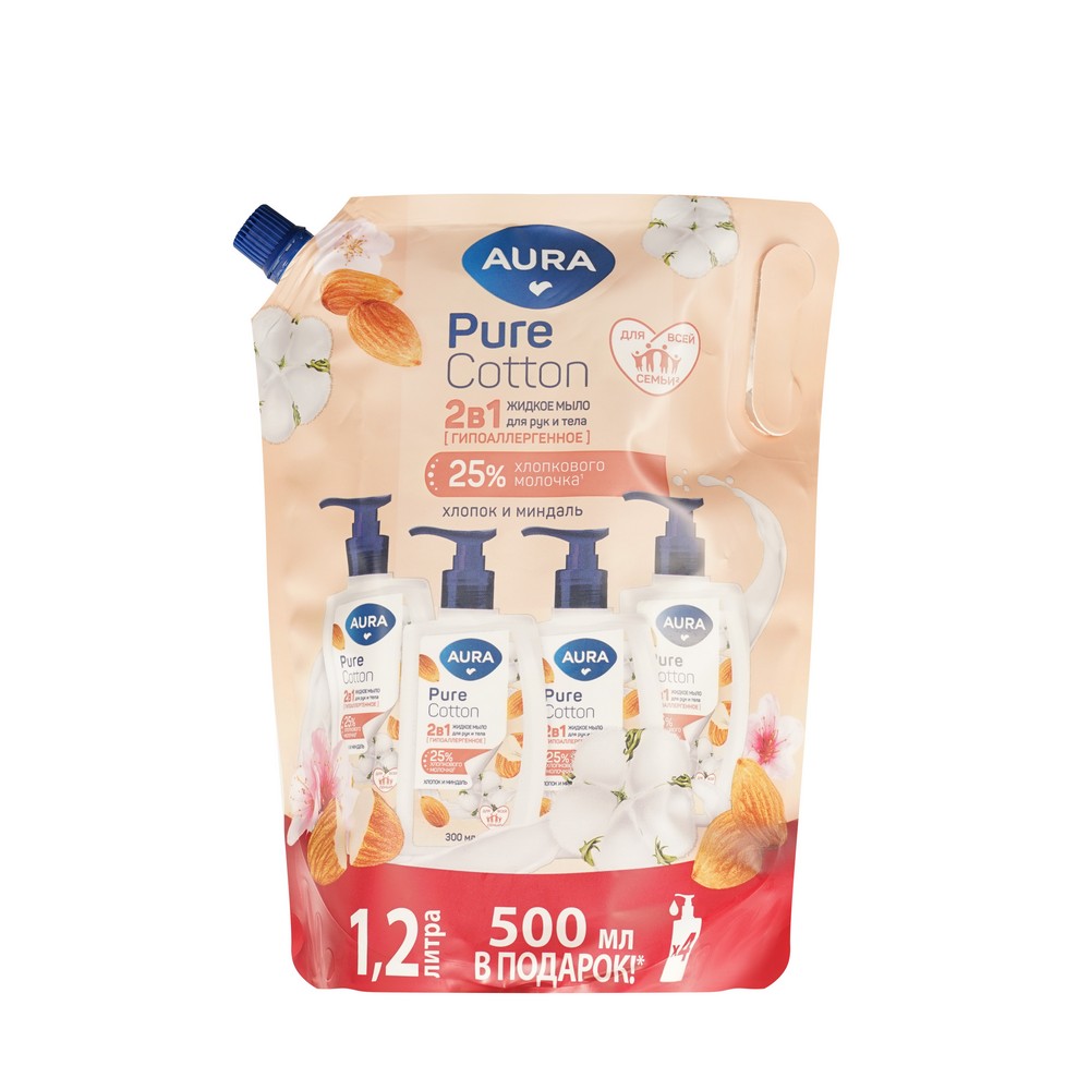 Жидкое мыло для рук и тела Aura Pure Cotton Миндаль и хлопковое молочко 1200мл. Фото 1.