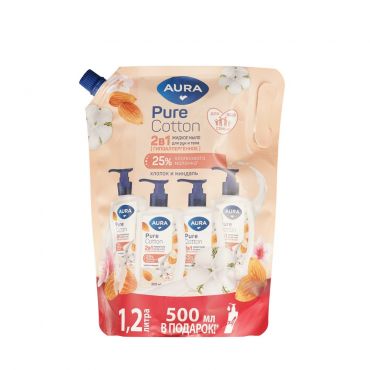 Жидкое мыло для рук и тела Aura Pure Cotton Миндаль и хлопковое молочко 1200мл.