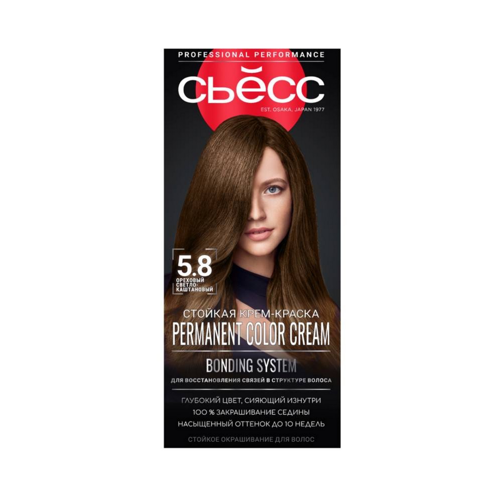 Стойкая крем - краска для волос Сьёсс 5-8 Ореховый светло-каштановый 50мл. Фото 1.