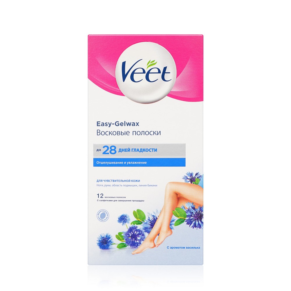 Восковые полоски для депиляции Veet Easy gel-wax для чувствительной кожи с ароматом василька 12шт. Фото 1.