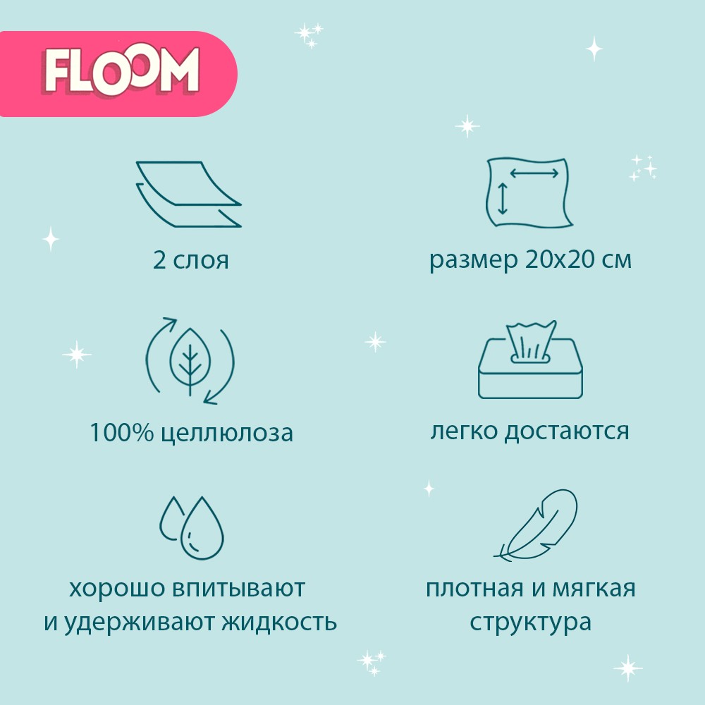 Косметические салфетки Floom 2х-слойные , в коробке 100шт. Фото 5.