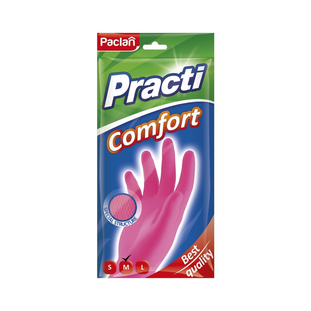 Перчатки резиновые особо прочные Paclan Practi Comfort M розовые. Фото 1.
