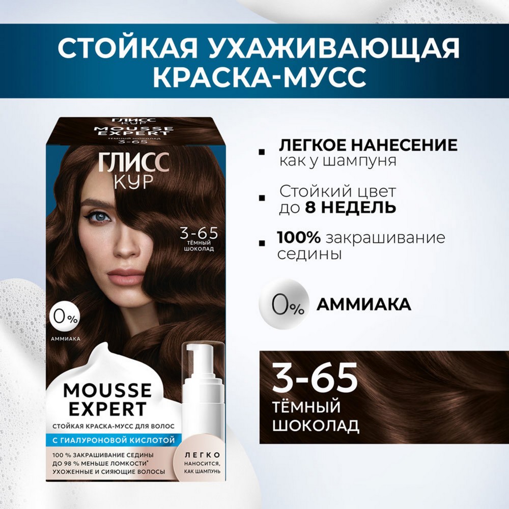 Стойкая краска - мусс для волос Глисс Кур Mousse Expert 3-65 Темный шоколад 85мл. Фото 5.