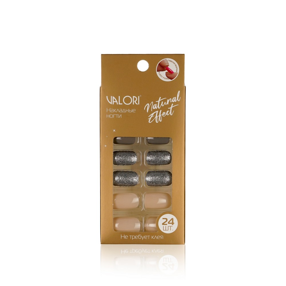 Накладные ногти Valori Natural Effect , Нюдовый бежевый с серебром , 24шт. Фото 1.