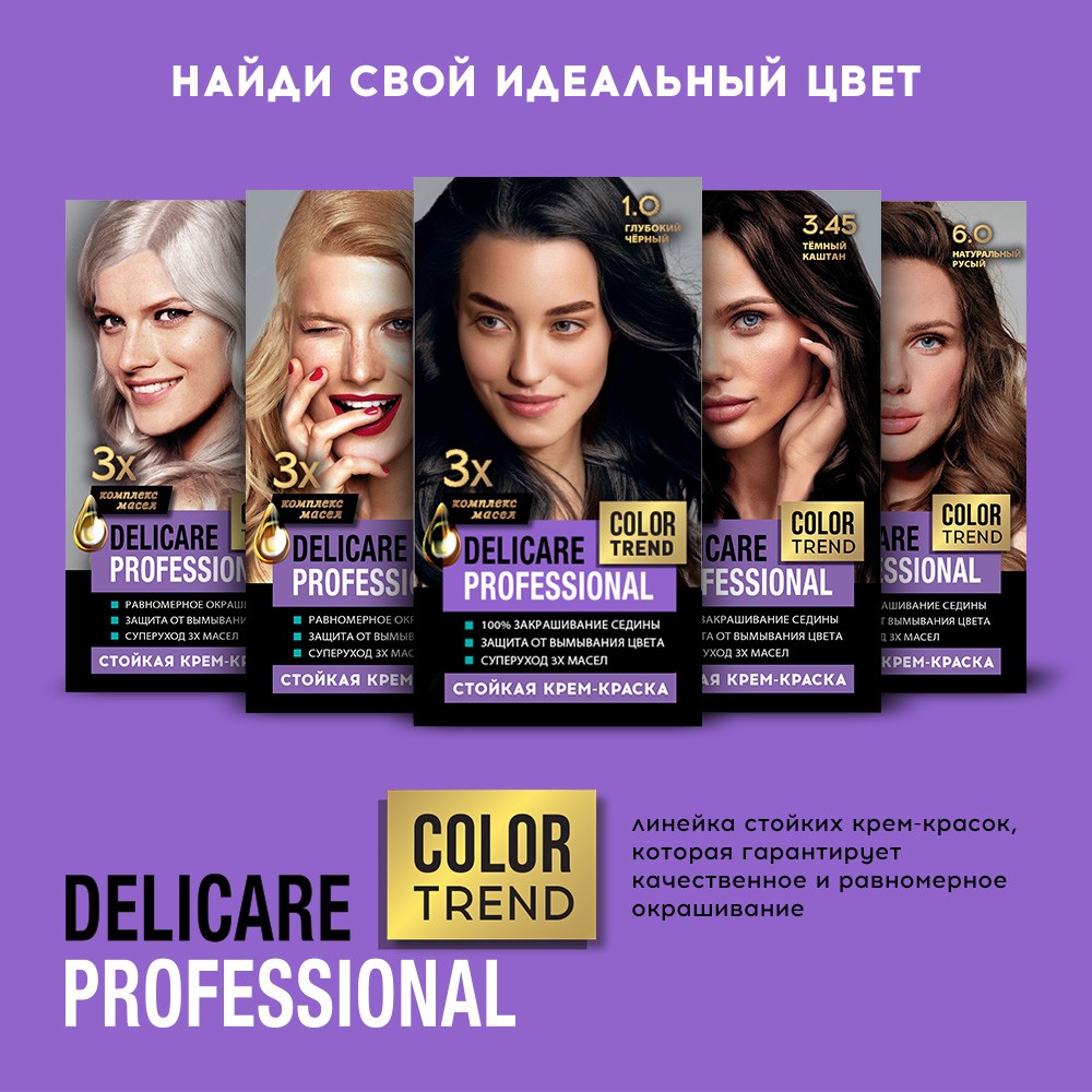 Стойкая крем - краска для волос Delicare Professional Color Trend 1.0 Глубокий черный. Фото 10.