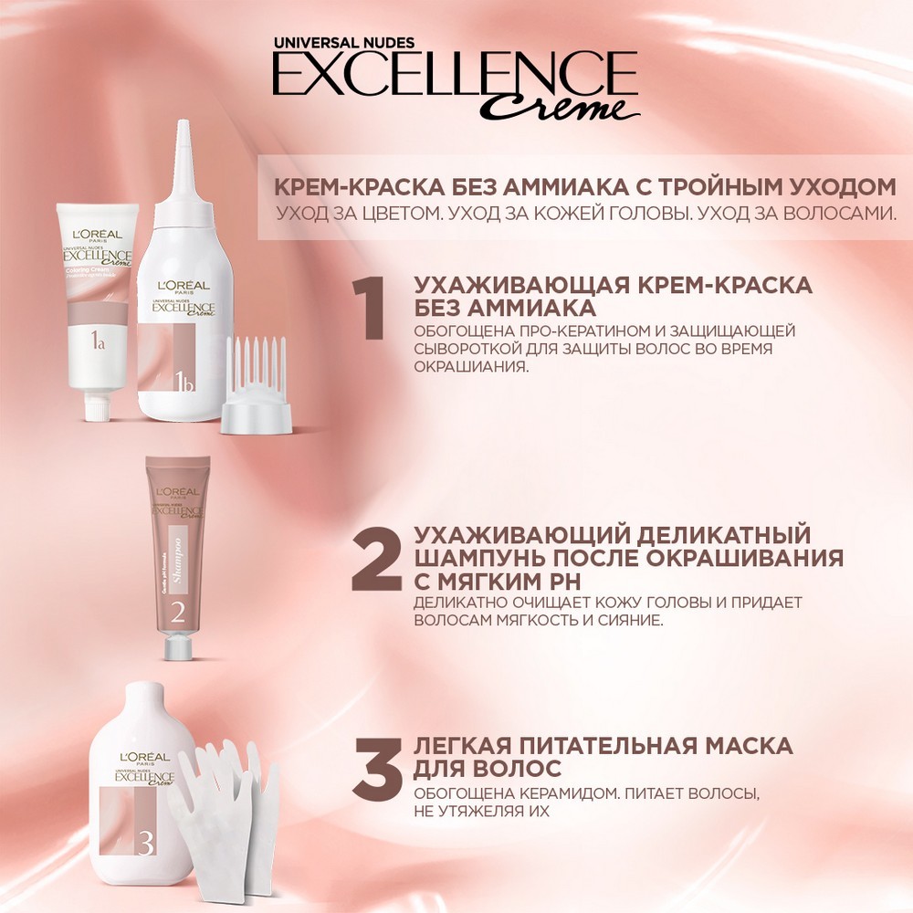 Крем - краска для волос без аммиака L'Oreal Paris EXCELLENCE Creme " Универсальные нюдовые оттенки " , 10U , Универсальный очень-очень светло-русый. Фото 8.