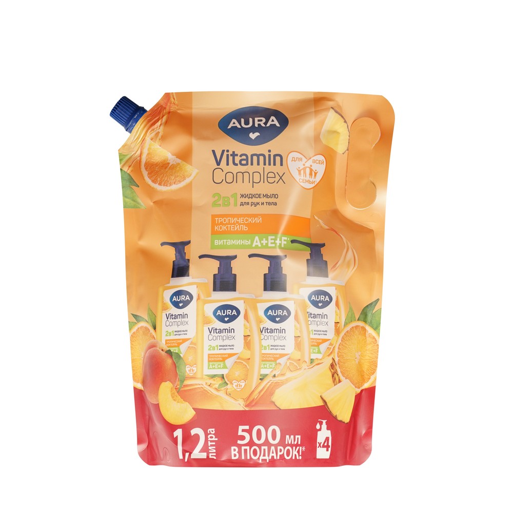 Жидкое мыло для рук и тела Aura Vitamin Complex Тропический коктейль 1200мл. Фото 1.