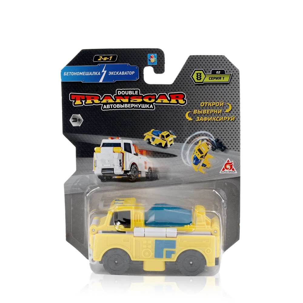 Машинка 1 Toy Transcar Double " Бетономешалка-Экскаватор 2в1 " 8см