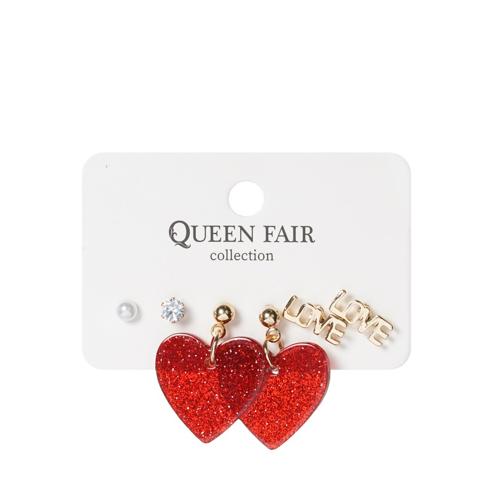 Серьги Queen Fair LOVE, сердечки цветные в золоте 3 пары. Фото 1.