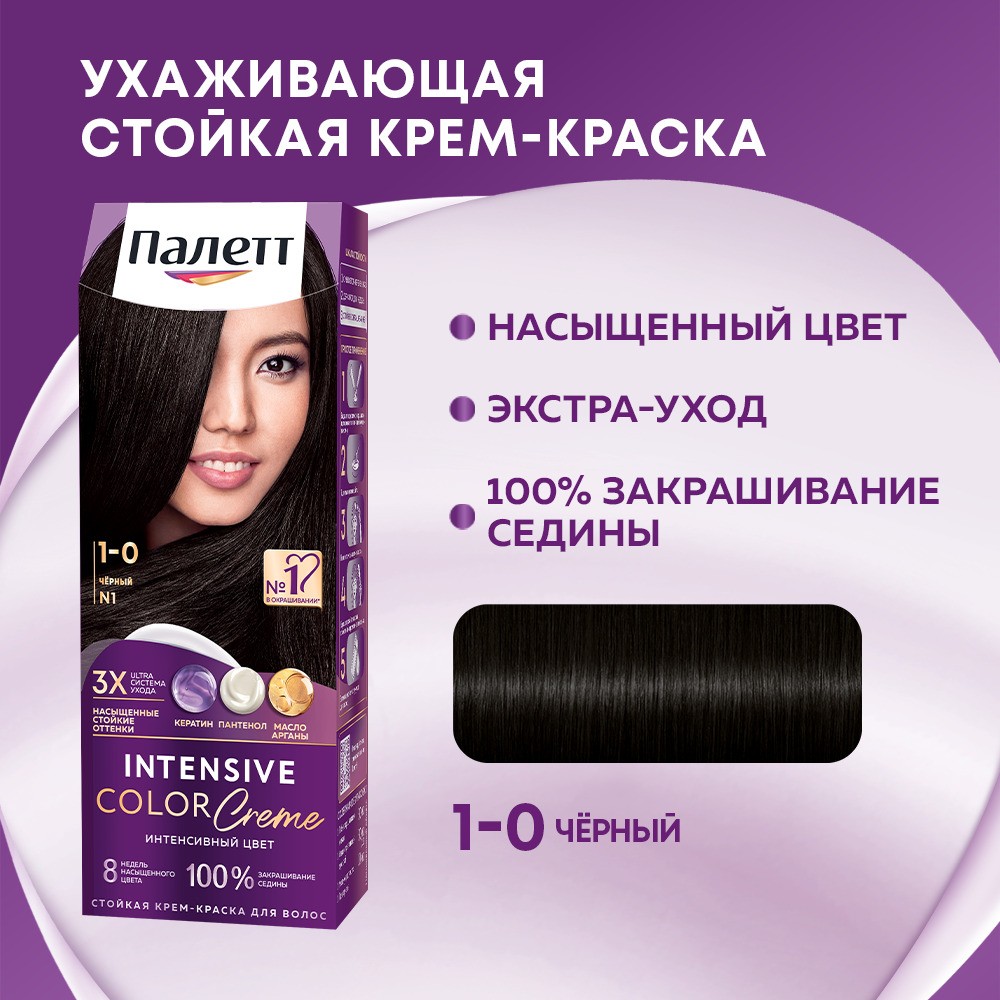 Крем - краска Палетт Интенсивный цвет стойкая для волос N1 Черный 50мл. Фото 5.