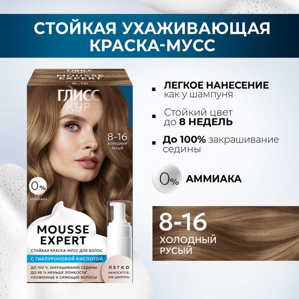 Стойкая краска - мусс для волос Глисс Кур Mousse Expert 8-16 Холодный Русый 85мл. Фото 5.