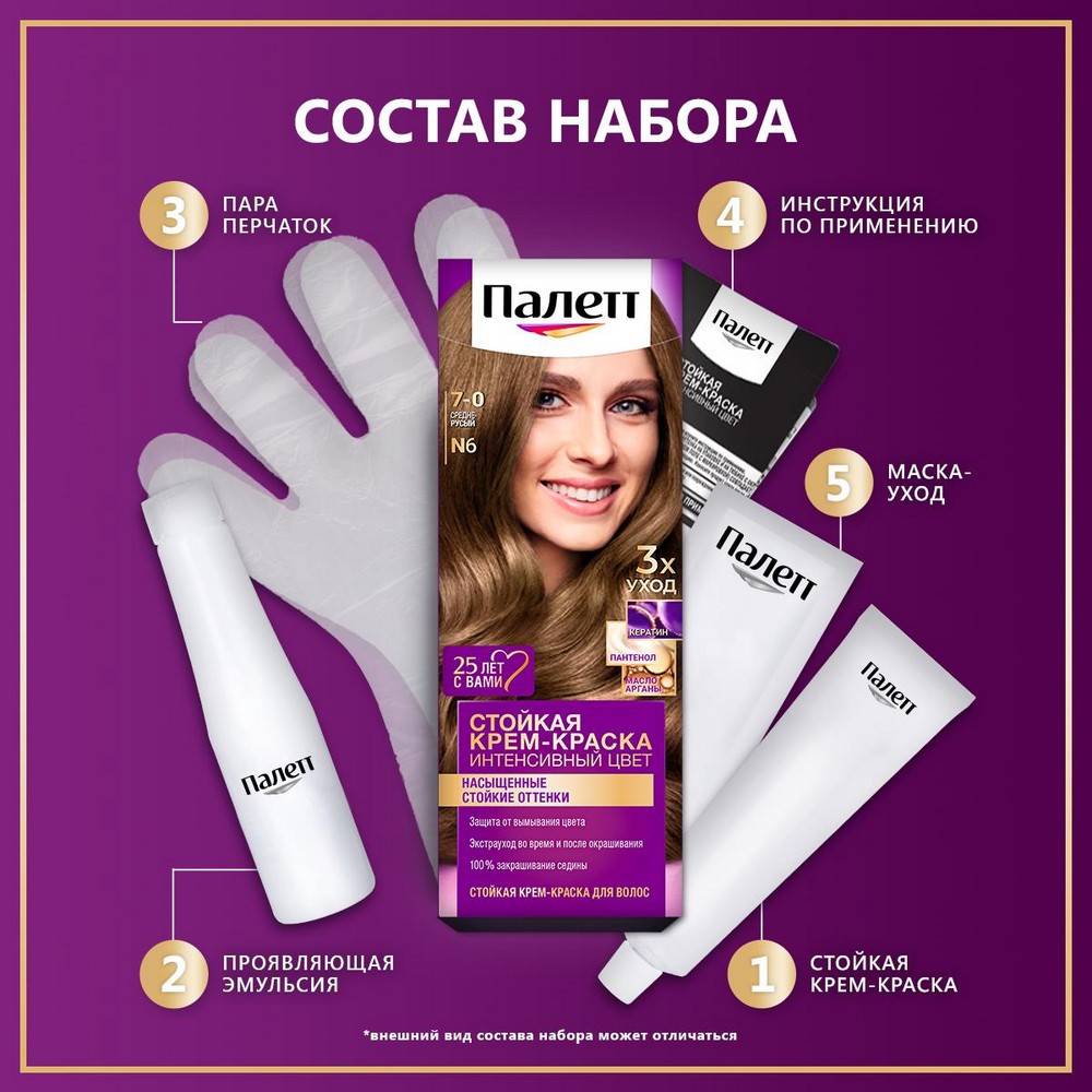 Стойкая крем - краска для волос Палетт Интенсивный цвет N6 Средне-русый 50мл. Фото 7.