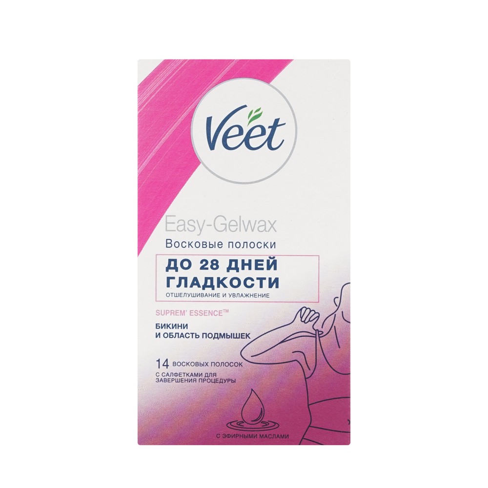 Восковые полоски Veet Supreme Essence для депиляции с ароматом бархатной розы и эфирными маслами для области бикини и для подмышек 14шт. Фото 1.