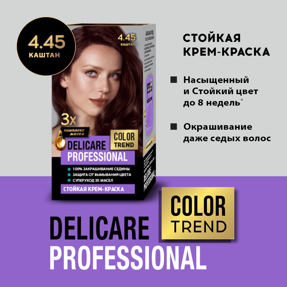 Стойкая крем - краска для волос Delicare Professional Color Trend 4.45 Каштан Вид№4