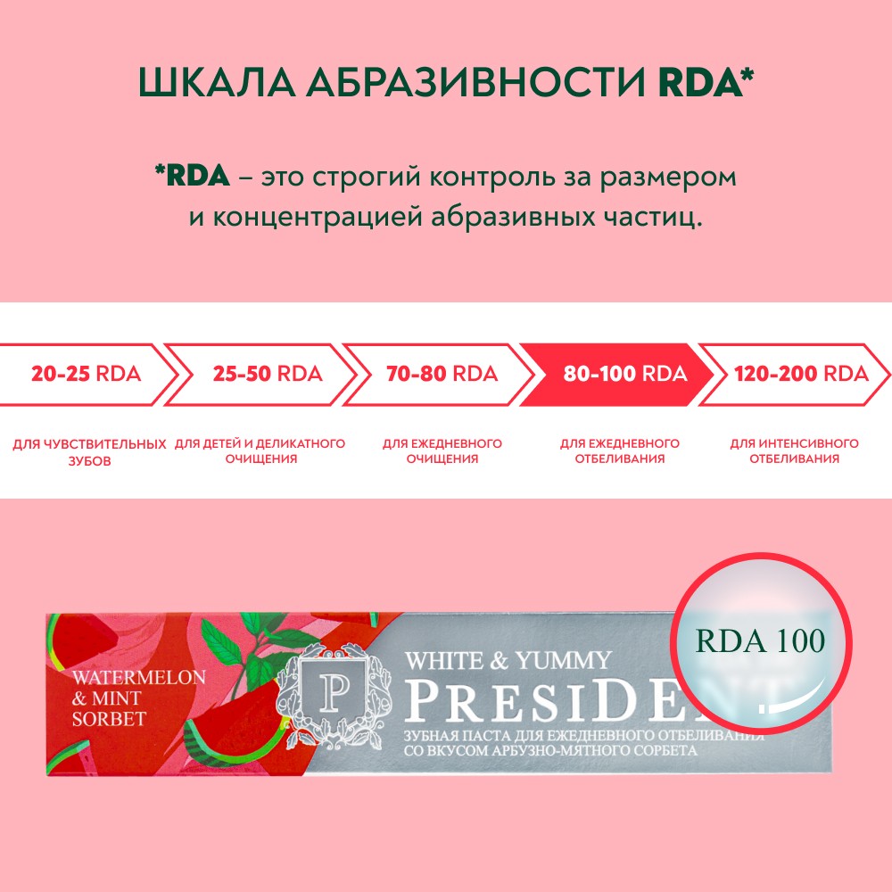 Зубная паста PresiDENT White & Yummy Арбузно-мятный сорбет 75г. Фото 8.