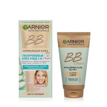 Увлажняющий BB крем для лица Garnier гиалуроновый алоэ - уход 5 в 1 Светло-бежевый 50мл.