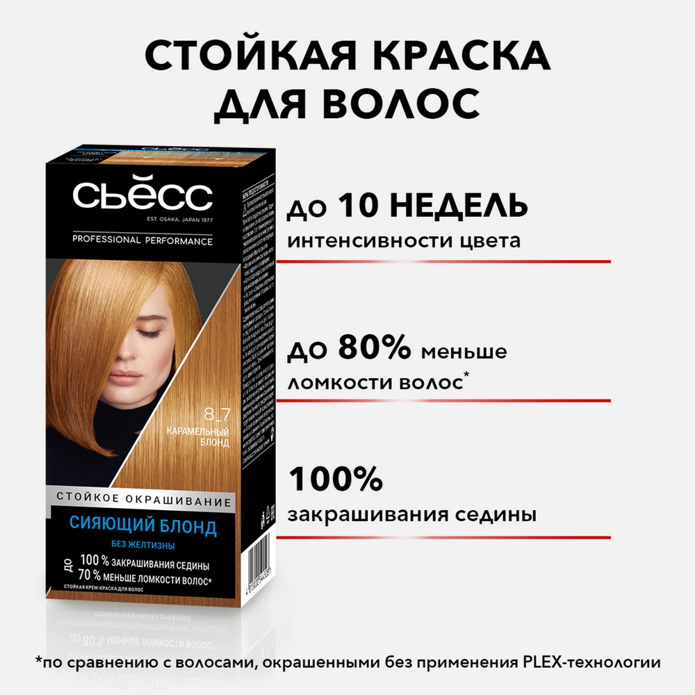 Стойкая крем - краска для волос Сьёсс 8-7 Карамельный блонд 50мл. Фото 5.