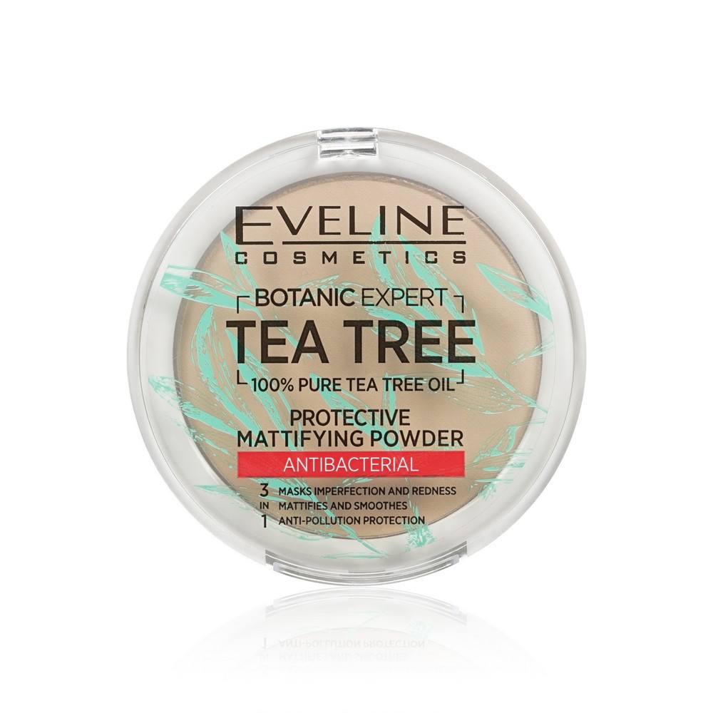 Пудра для лица Eveline Tea tree антибактериальная матирующая 003 Light beige 9г. Фото 1.