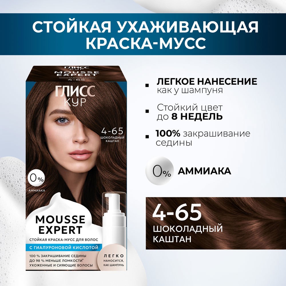 Стойкая краска - мусс для волос Глисс Кур Mousse Expert 4-65 Шоколадный Каштан 85мл. Фото 5.