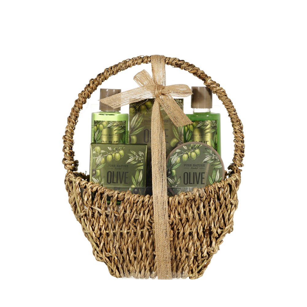Женский подарочный набор Pure Nature Olive ( гель для душа 150мл + пена для ванны 150мл + лосьон для тела 60мл соль для ванны 100г + мыло твердое 50г ) в ассортименте. Фото 1.