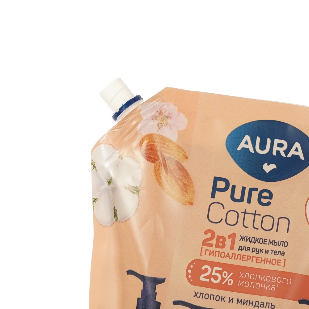 Жидкое мыло для рук и тела Aura Pure Cotton Миндаль и хлопковое молочко 1200мл. Фото 3.