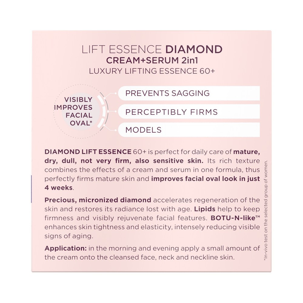Бриллиантовый подтягивающий крем - сыворотка 2 в 1 Eveline Lift Essence Diamond 60+ 50мл. Фото 7.