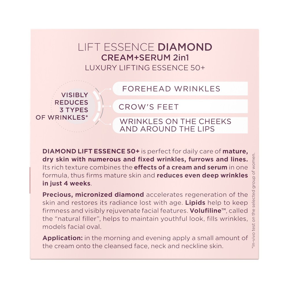 Бриллиантовый крем - сыворотка против морщин 2 в 1 Eveline Lift Essence Diamond 50+ 50мл. Фото 7.