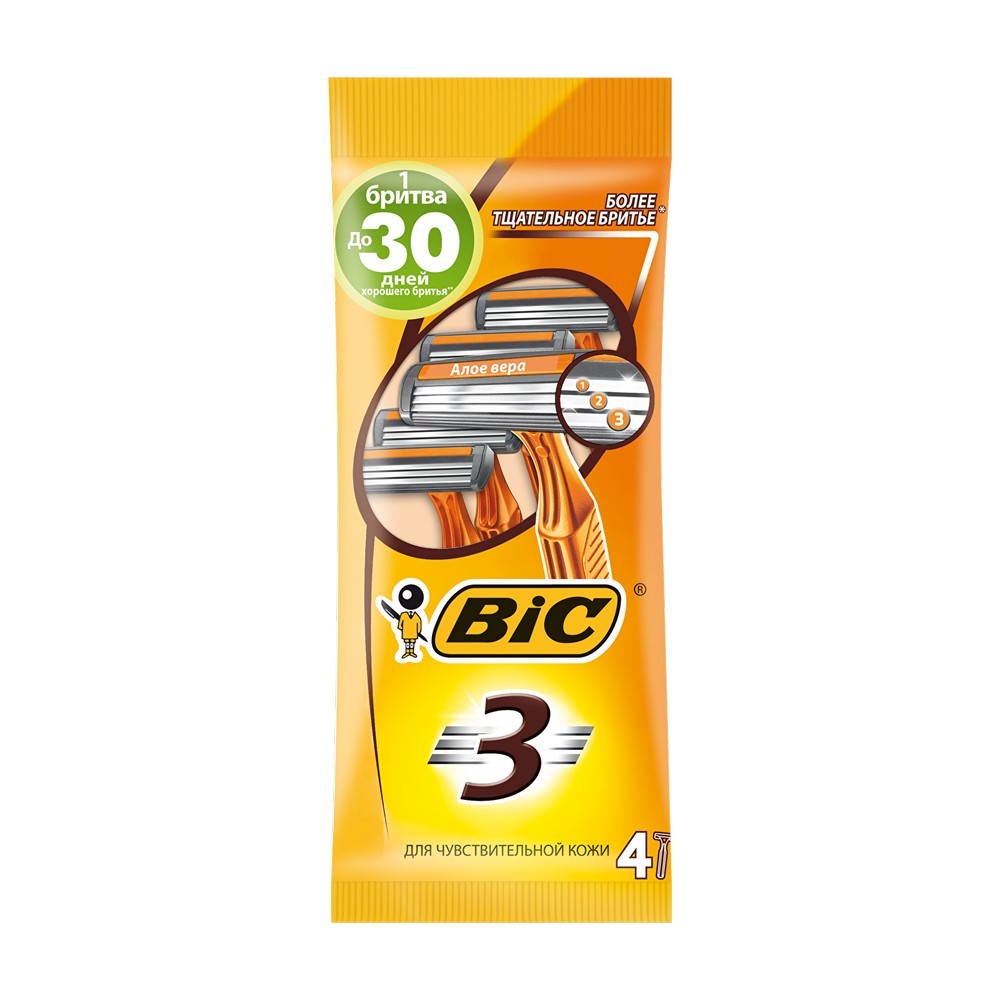 Мужской одноразовый станок для бритья Bic для чувствительной кожи , 3 лезвия , 4шт. Фото 1.