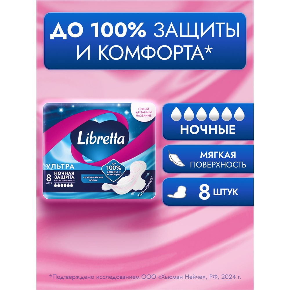 Женские ночные прокладки Libretta Ультра с мягкой поверхностью 8шт. Фото 3.