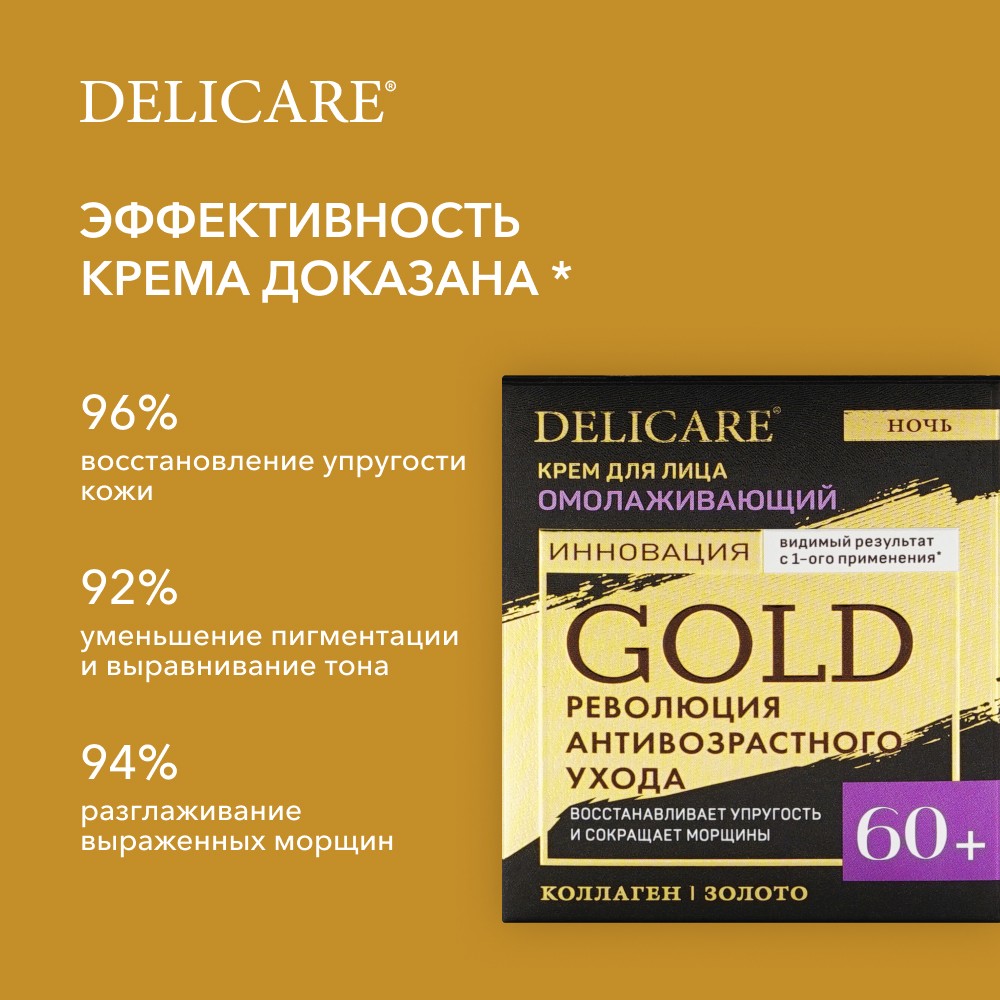 Ночной омолаживающий крем для лица Delicare Gold 60+ 50мл. Фото 8.