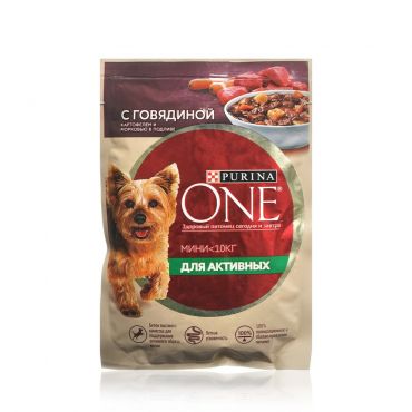 Влажный корм для собак Purina One Мини <10кг " активная " с говядиной, картофелем и морковью в подливе 85г.