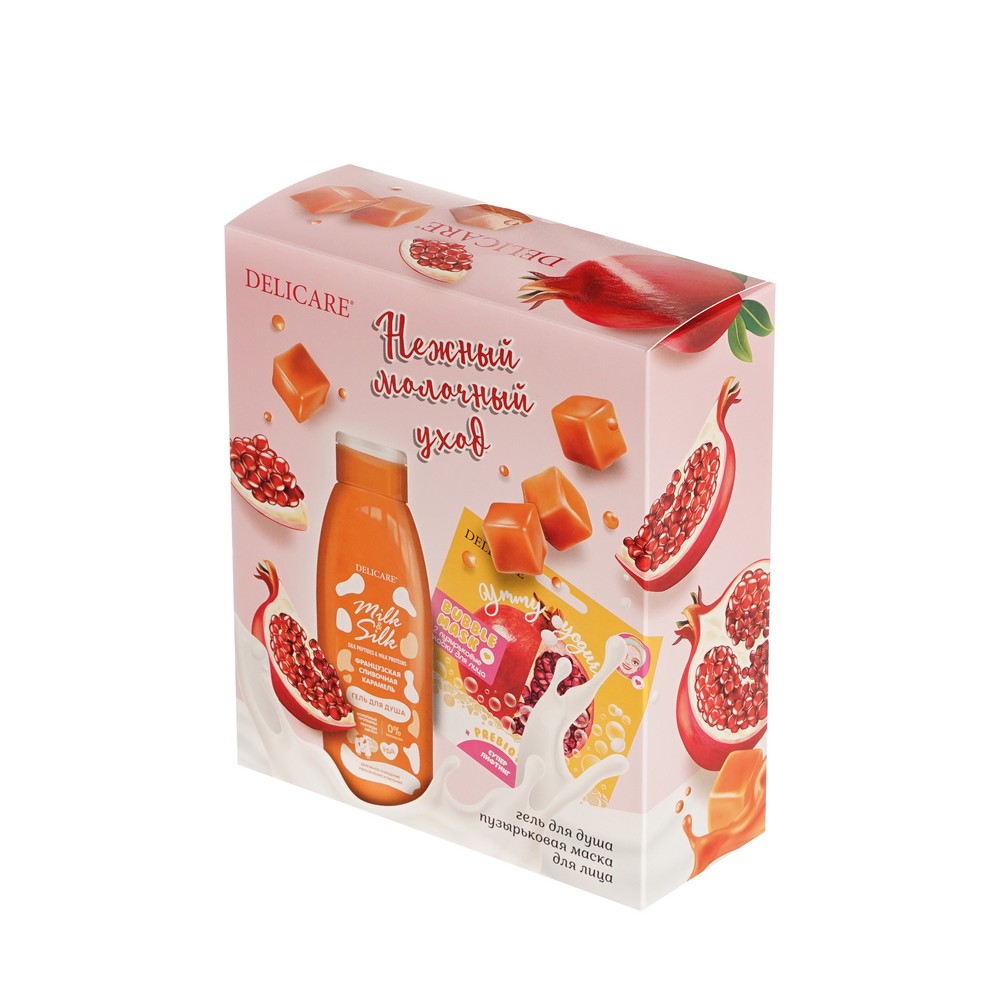 Женский подарочный набор Delicare Нежный молочный уход ( гель для душа Milk & Silk 500мл + Пузырьковая маска для лица ). Фото 2.